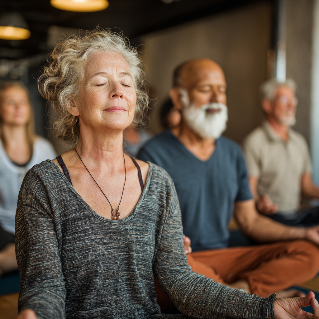Mature adults in comfortable yoga poses during a peaceful group session